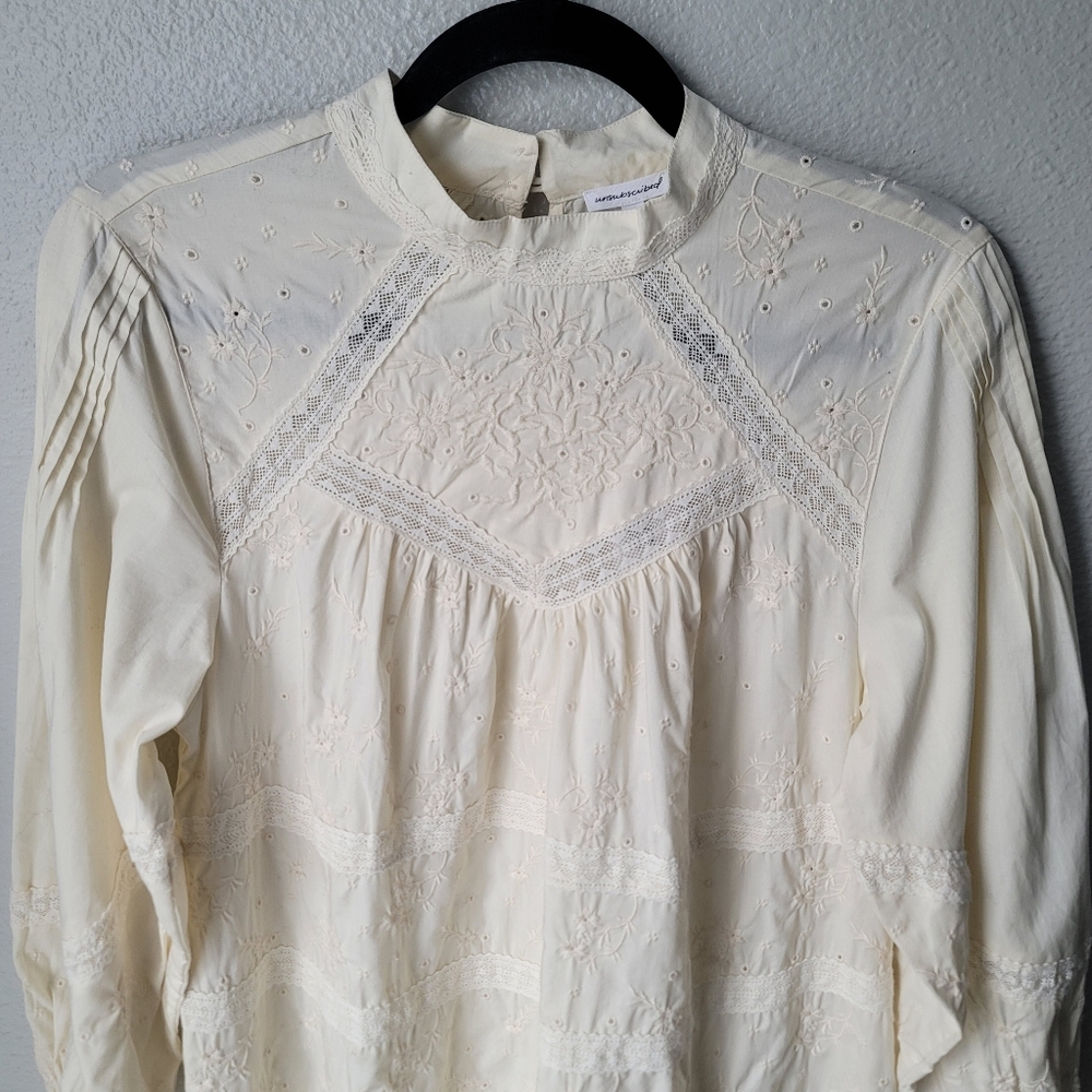 Unsubscribed 3008 Victorian Embroidered Boho Mini Dress Size XSmall In Ivory NWT - Picture 2 of 12